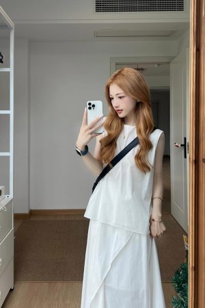 High-End French Style Two-Piece White Dress Set for Women - Elegant Tank Top and Long Skirt Summer Outfit
