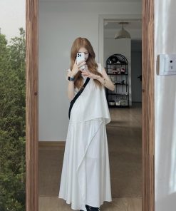 High-End French Style Two-Piece White Dress Set for Women - Elegant Tank Top and Long Skirt Summer Outfit