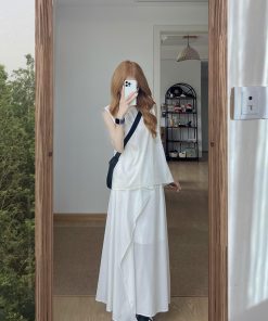 High-End French Style Two-Piece White Dress Set for Women - Elegant Tank Top and Long Skirt Summer Outfit