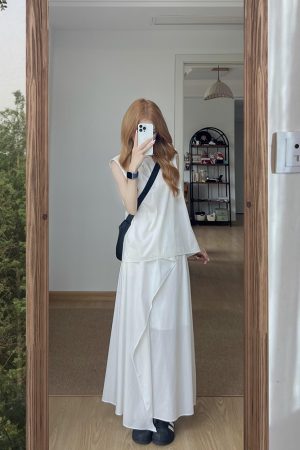 High-End French Style Two-Piece White Dress Set for Women - Elegant Tank Top and Long Skirt Summer Outfit