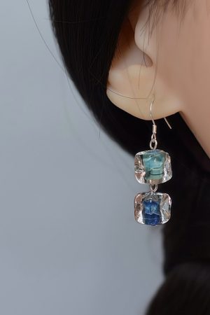 High-End Geometric Glass Earrings with Sugar Cube Rock Candy Heart Design - Unique Niche Style for 2025 Fashion Trends