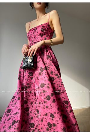 High-End Goddess French Printed Spaghetti Strap Mid-Length Dress for Summer - Niche Design, Fashionable and Chic