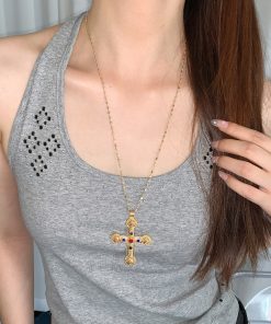 High-End Gold Cross Necklace for Women - Long Layered Clavicle Chain with Rhinestone Inlay, Trendy Niche Design