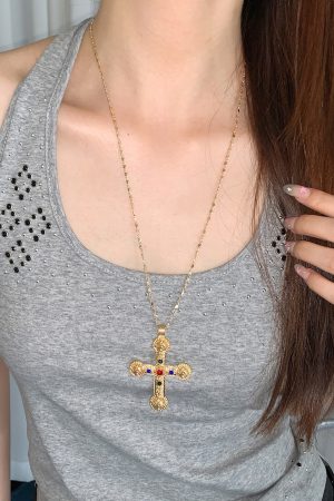 High-End Gold Cross Necklace for Women - Long Layered Clavicle Chain with Rhinestone Inlay, Trendy Niche Design
