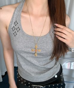 High-End Gold Cross Necklace for Women - Long Layered Clavicle Chain with Rhinestone Inlay, Trendy Niche Design