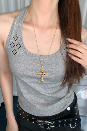 High-End Gold Cross Necklace for Women - Long Layered Clavicle Chain with Rhinestone Inlay, Trendy Niche Design
