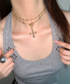 High-End Gold Cross Necklace for Women - Long Layered Clavicle Chain with Rhinestone Inlay, Trendy Niche Design