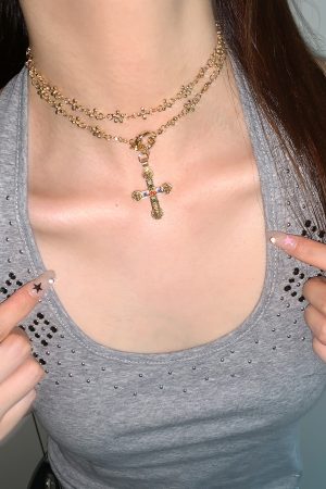 High-End Gold Cross Necklace for Women - Long Layered Clavicle Chain with Rhinestone Inlay, Trendy Niche Design