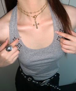 High-End Gold Cross Necklace for Women - Long Layered Clavicle Chain with Rhinestone Inlay, Trendy Niche Design