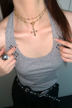 High-End Gold Cross Necklace for Women - Long Layered Clavicle Chain with Rhinestone Inlay, Trendy Niche Design