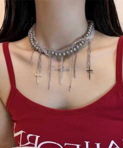 High-End Gothic Punk Cross Bead Choker Necklace for Sweet and Spicy Girls - Stylish Collarbone Chain Accessory