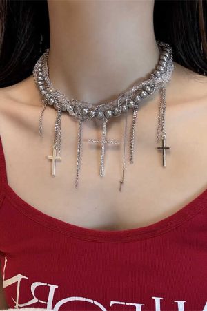 High-End Gothic Punk Cross Bead Choker Necklace for Sweet and Spicy Girls - Stylish Collarbone Chain Accessory