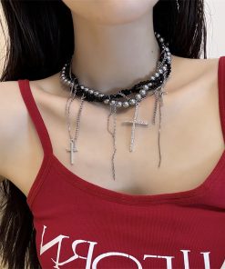 High-End Gothic Punk Cross Bead Choker Necklace for Sweet and Spicy Girls - Stylish Collarbone Chain Accessory