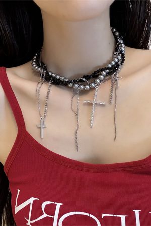 High-End Gothic Punk Cross Bead Choker Necklace for Sweet and Spicy Girls - Stylish Collarbone Chain Accessory