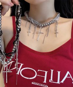 High-End Gothic Punk Cross Bead Choker Necklace for Sweet and Spicy Girls - Stylish Collarbone Chain Accessory