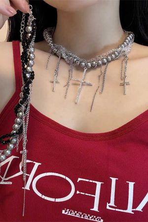 High-End Gothic Punk Cross Bead Choker Necklace for Sweet and Spicy Girls - Stylish Collarbone Chain Accessory