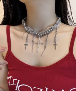 High-End Gothic Punk Cross Bead Choker Necklace for Sweet and Spicy Girls - Stylish Collarbone Chain Accessory