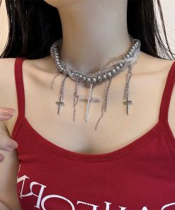 High-End Gothic Punk Cross Bead Choker Necklace for Sweet and Spicy Girls - Stylish Collarbone Chain Accessory