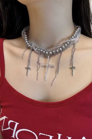 High-End Gothic Punk Cross Bead Choker Necklace for Sweet and Spicy Girls - Stylish Collarbone Chain Accessory