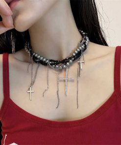 High-End Gothic Punk Cross Bead Choker Necklace for Sweet and Spicy Girls - Stylish Collarbone Chain Accessory
