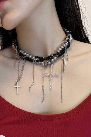 High-End Gothic Punk Cross Bead Choker Necklace for Sweet and Spicy Girls - Stylish Collarbone Chain Accessory