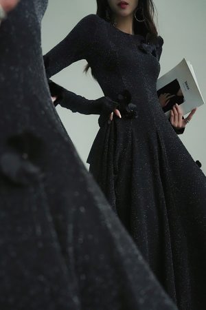 High-End Handmade Three-Dimensional Floral French Style Long Gown for Annual Meetings - Elegant Twilight Realm Dress
