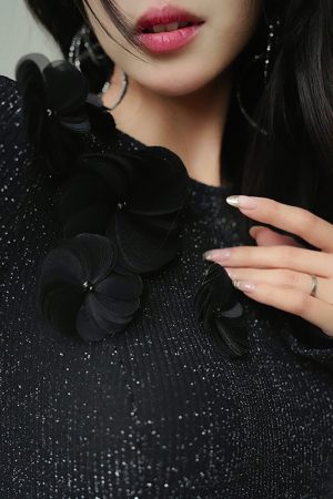 High-End Handmade Three-Dimensional Floral French Style Long Gown for Annual Meetings - Elegant Twilight Realm Dress