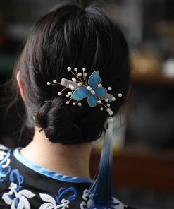 High-End Hanfu Hairpin for Women, Clear Butterfly Tassel Hair Clip, Ancient Style Side Hair Accessories