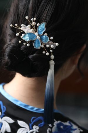 High-End Hanfu Hairpin for Women, Clear Butterfly Tassel Hair Clip, Ancient Style Side Hair Accessories