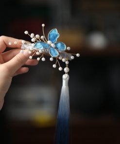 High-End Hanfu Hairpin for Women, Clear Butterfly Tassel Hair Clip, Ancient Style Side Hair Accessories