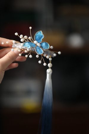 High-End Hanfu Hairpin for Women, Clear Butterfly Tassel Hair Clip, Ancient Style Side Hair Accessories