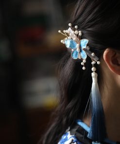 High-End Hanfu Hairpin for Women, Clear Butterfly Tassel Hair Clip, Ancient Style Side Hair Accessories