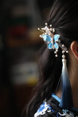 High-End Hanfu Hairpin for Women, Clear Butterfly Tassel Hair Clip, Ancient Style Side Hair Accessories