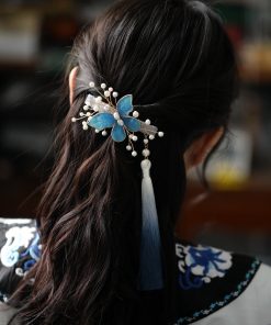 High-End Hanfu Hairpin for Women, Clear Butterfly Tassel Hair Clip, Ancient Style Side Hair Accessories