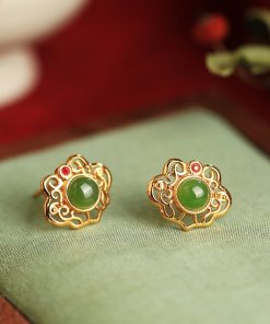 High-End Jadeite & Silver Auspicious Lock Stud Earrings for Women - Chinese Style 18K Gold-Plated Jade Stone Jewelry