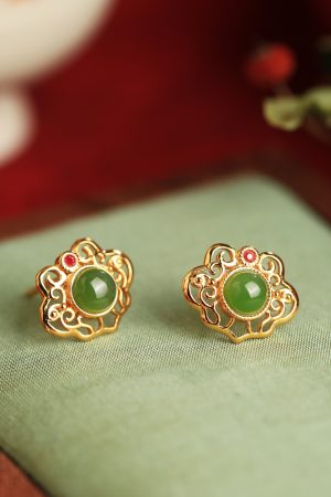High-End Jadeite & Silver Auspicious Lock Stud Earrings for Women - Chinese Style 18K Gold-Plated Jade Stone Jewelry