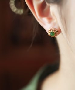 High-End Jadeite & Silver Auspicious Lock Stud Earrings for Women - Chinese Style 18K Gold-Plated Jade Stone Jewelry