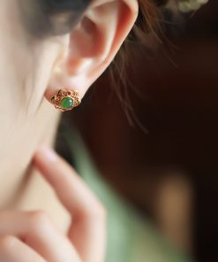 High-End Jadeite & Silver Auspicious Lock Stud Earrings for Women - Chinese Style 18K Gold-Plated Jade Stone Jewelry