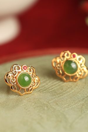 High-End Jadeite & Silver Auspicious Lock Stud Earrings for Women - Chinese Style 18K Gold-Plated Jade Stone Jewelry