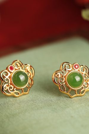 High-End Jadeite & Silver Auspicious Lock Stud Earrings for Women - Chinese Style 18K Gold-Plated Jade Stone Jewelry