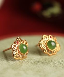 High-End Jadeite & Silver Auspicious Lock Stud Earrings for Women - Chinese Style 18K Gold-Plated Jade Stone Jewelry
