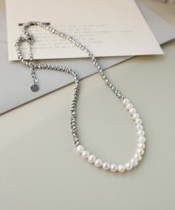 High-End Korean Fashion Natural Pearl Beaded Broken Silver Splicing Clavicle Necklace - Versatile European & American Style