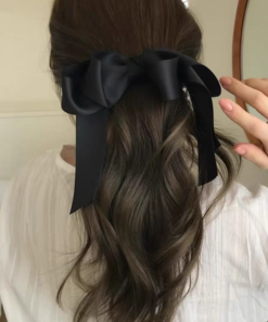 High-End Korean Style Black Large Wave Circle Hair Tie with Bow Spring Clip for Effortless Chic Hairstyling