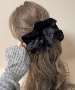 High-End Korean Style Black Large Wave Circle Hair Tie with Bow Spring Clip for Effortless Chic Hairstyling