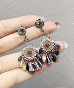 High-End Light Luxury Contrasting Color Diamond Crystal Flower Tassel Long Earrings for Evening Wear