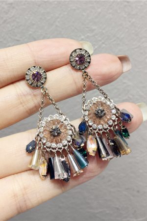 High-End Light Luxury Contrasting Color Diamond Crystal Flower Tassel Long Earrings for Evening Wear