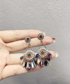 High-End Light Luxury Contrasting Color Diamond Crystal Flower Tassel Long Earrings for Evening Wear