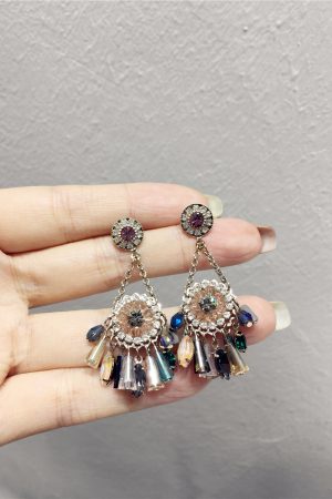 High-End Light Luxury Contrasting Color Diamond Crystal Flower Tassel Long Earrings for Evening Wear