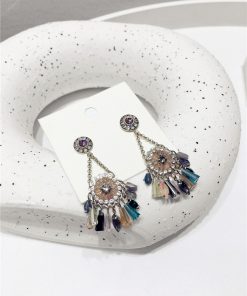 High-End Light Luxury Contrasting Color Diamond Crystal Flower Tassel Long Earrings for Evening Wear