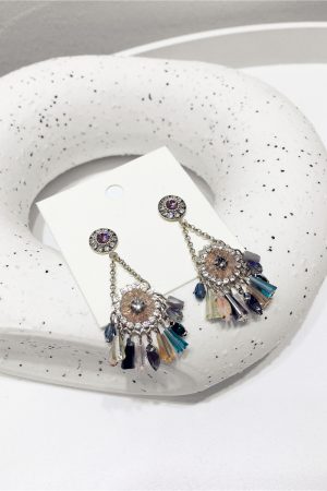High-End Light Luxury Contrasting Color Diamond Crystal Flower Tassel Long Earrings for Evening Wear